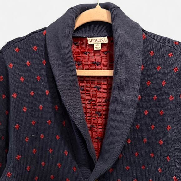 Merona 100% Cotton Navy Red Polka Dot Heritage Preppy Shawl Collar Cardigan - Picture 5 of 10